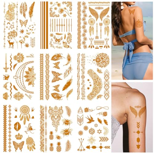 MAYCREATE 9 Sheets Temporary Tattoo for Women and Men Golden Tattoo Sticker Waterproof Assorted Temporary Tattoo Forearm Tattoo for Body Art Arm Hand Neck Tattoo MAYCREATE 9 Sheets Temporary Tattoo for Women and Men Golden Tattoo Sticker Waterproof Assorted Temporary Tattoo Forearm Tattoo for Body Art Arm Hand Neck Tattoo